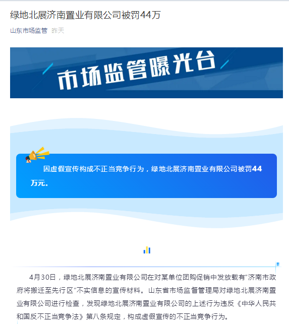 虚假宣传“济南市政府将搬迁” 房企被罚44万元