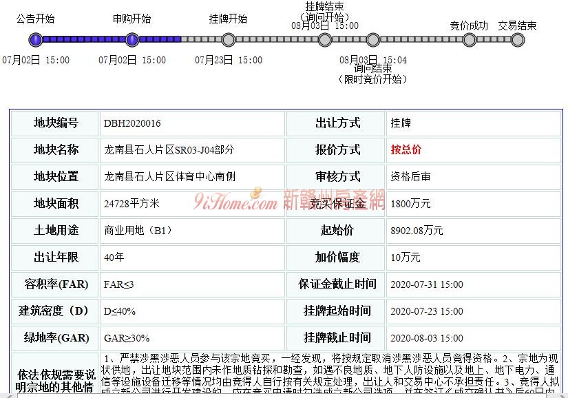 龙南县1宗商业用地挂牌出让，起始总价约8902.08万元