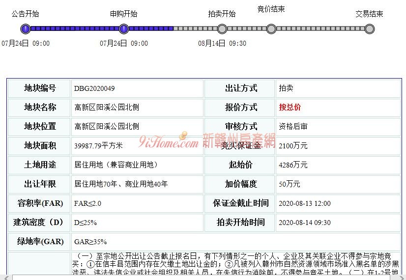信丰县高新区1宗商住用地挂牌出让，起始总价约4286万元