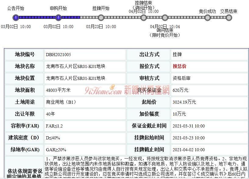 龙南市1宗商业用地挂牌出让，起始总价约3024.19万元