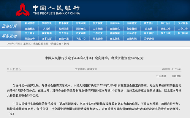 央行决定于2020年3月16日定向降准！释放长期资金5500亿元