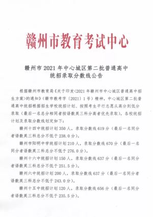 7月26日，赣州中心城区第二批普通高中统招录取分数线划定！